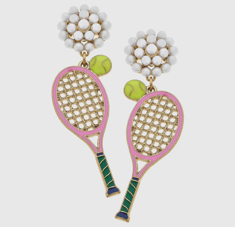 Pink Racket with Pearls Dangle Earrings
