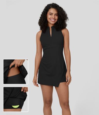 Halara Sleeveless Zipper Split Side Pocket 2-Piece Mini Tennis Dress Black